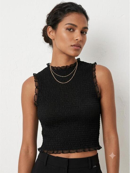 Zara Tops - Zara Black Smocked Sleeveless Ruffle Trim Crop Top